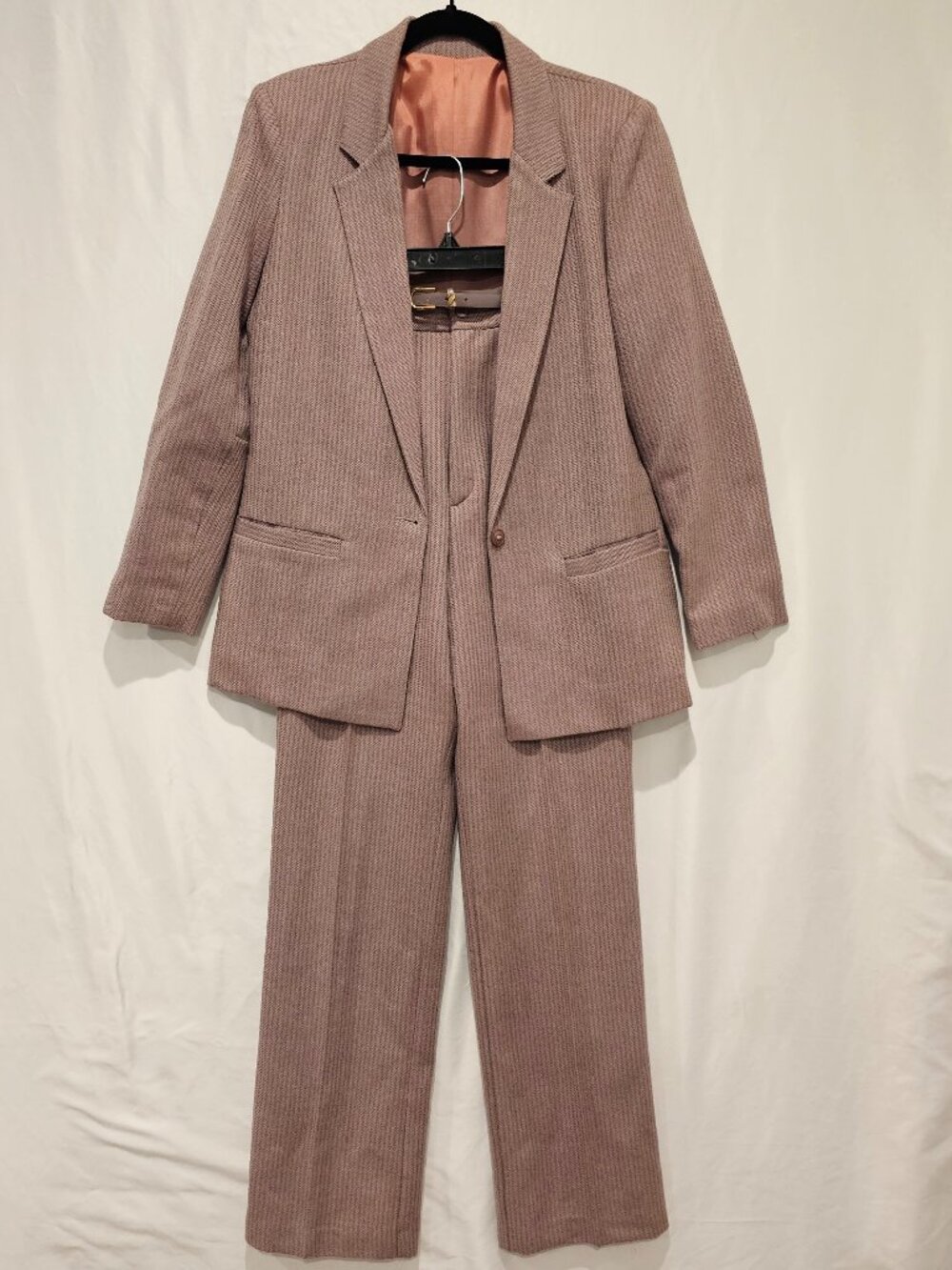 VTG MG Concepts Wool Pantsuit Mauve Pink Herringbone Blazer Pants Set Small 4 6